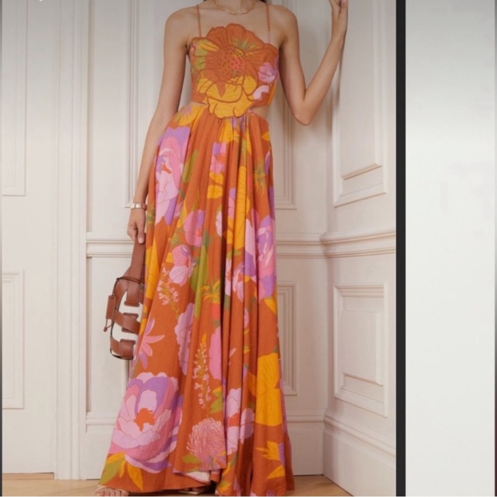 FARM Rio Orange Maxi Dress with Pink & Yellow Floral Print